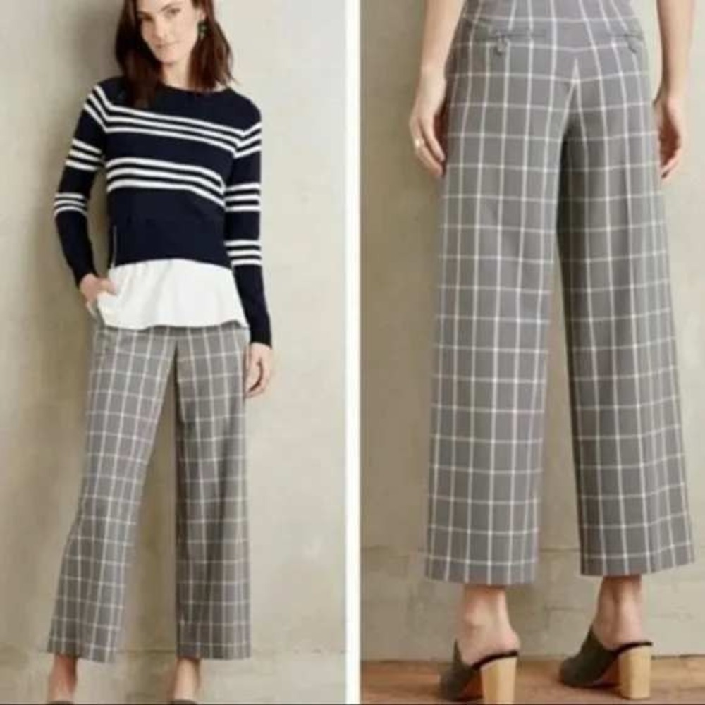 Anthropologie Cartonnier Plaid Gridlock Cropped Trousers Gray Wide Leg Size 8